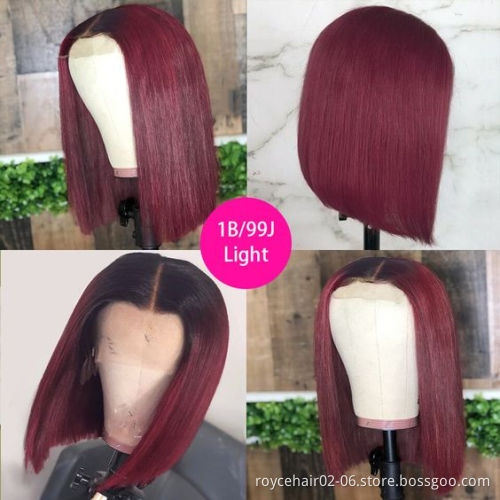 Cheap Brazilian Virgin Human Hair Weave Color Short Hair Wig 99j Red Lace Front Bob Wig For Women